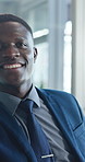 Face, black man and lawyer with smile in office for career pride, about us and legal consultant. Portrait, male attorney and positive attitude for corporate justice, confident employee and court case