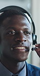 Business, talk and happy black man in call center for banking, financial support or crm. Contact us, headset and agent speaking in office for account assistance, loan inquiry or customer service