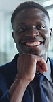 Black man, face and lawyer with pride for corporate law firm or legal service in office. Portrait, businessman or attorney with smile for professional business advice, assistance or recognition