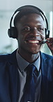 Help desk, talk and happy black man in call center for banking, financial support or crm. Contact us, headset and agent speaking in office for account assistance, loan inquiry or customer service