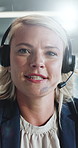 Customer service, face and woman talk on video call for banking, financial support or flare. Online meeting, headset or agent speaking in office for account advice, loan inquiry or portrait with POV