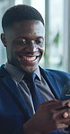 Business, funny and black man with cellphone, financial advisor and email for trading portfolio. African person, investor and employee with smartphone, app and online humor with internet and chatting
