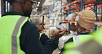 Logistics, supervisor and group in warehouse, talk and plan for distribution, goods and supply chain. Back, colleagues and people in factory for inspection, walking or quality assurance for export