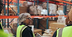 Dropshipping, supervisor and group in warehouse, discussion or planning for logistics and inspection. Colleagues, walk and people in factory for quality assurance, point and teamwork for distribution