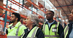 Logistics, people and tablet with training in warehouse for stock control, planning or service delivery. Team, supply chain supervisor and instructions on inventory management and shipping procedure
