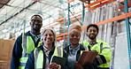 Face, group and people for logistics in warehouse with career pride, about us and supply chain. Portrait, staff and teamwork with smile, inventory management and inspection for distribution industry