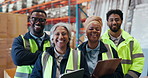 Face, people and laugh for logistics in warehouse with career pride, about us and supply chain. Portrait, staff and teamwork with smile, inventory management and inspection for distribution industry