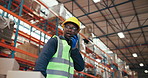Radio, shipping and warehouse worker with boxes in trolley for logistics, stock update and walking. Communication, talking or black man with cargo for inventory, export or supply chain with low angle