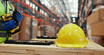 Drill, logistics and helmet with hands in warehouse for shipping, packaging technician and ecommerce crate. Distribution storage, freight cargo and assembly with employee in factory as contractor