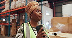 Warehouse, phone call or black woman with stress, transportation delay or supply chain disruption. Talking, shipping problem or frustrated manager with anger for export fail, tech or breathe for calm