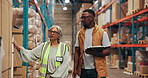 Tablet, team and warehouse manager with stock inspection, shipping or logistics discussion. Inventory management, mature woman and man with technology for export, check cargo or supply chain planning