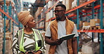 Black people, team and talk in warehouse for supply chain planning, export or logistics with tablet. Stock management, discussion and distribution with workers for cargo inspection, shipping and walk