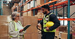 People, smile and tablet for logistics in warehouse with supply chain, discussion and agreement. Collaboration, stock and tech for export and inventory management for shipping quality control