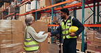 People, shaking hands and tablet for logistics in warehouse with supply chain, discussion and agreement. Handshake, stock and tech for export and inventory management for shipping quality control