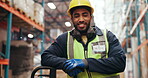 Logistics, face or man in warehouse with laugh, bokeh or experience in shipping industry. Distribution, smile or loader in depot with confidence, ppe or career pride in inventory management.