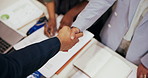 Business people, architect and team with handshake, documents or agreement for construction deal. Top view, colleagues or group shaking hands with paperwork, design or b2b for building partnership