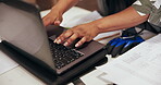 Hands, laptop and typing with engineer in office for project management budget or progress report. Computer, finance and keyboard with site supervisor at work for accounting or building expenses