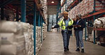 Logistics, walk or team in warehouse with clipboard, stock or inventory management of shipment. Distribution, people or supplier in depot with radio, order checklist or collaboration in supply chain.