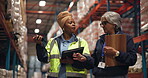 Logistics, supervisor or team in warehouse with clipboard, stock or inventory management of shipment. Distribution, review or people in depot with radio, order check or collaboration in supply chain.