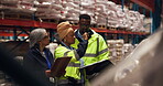 Discussion, team and shipping with people in warehouse for inventory management, logistics or cargo. Freight distribution, inspection and quality control with employees in factory for ecommerce