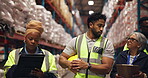 Discussion, team and logistics with people in warehouse for inventory management, shipping or cargo. Freight distribution, inspection and quality control with employees in factory for ecommerce