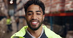 Man, face and smile in warehouse for logistics, export business or inventory management. Supervisor, supplier and wholesale in storage facility with portrait for distribution and supply chain
