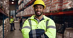 Shipping, face or man with arms crossed in warehouse for logistics, operations management or about us. Staff, distribution manager and happy for inventory export, supply chain industry and inspection