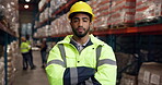 Logistics, face or man with arms crossed in factory for shipping, quality control and about us. Staff, operations manager and serious in warehouse for stock management, export service or supply chain