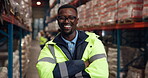 Shipping, face and man with arms crossed in factory for logistics, storage management or about us. Staff, supply chain manager and laughing in warehouse for export service and distribution industry