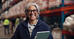 Face, portrait and tablet with woman in warehouse for storage of delivery or shipping stock. App, inventory and smile of mature person in supply chain depot for logistics management or service