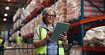 Inspection, inventory and tablet with woman in warehouse for storage of delivery or shipping stock. App, checklist and smile of mature person in supply chain depot for logistics management or service