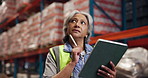 Logistics, tablet and thinking with woman in warehouse for storage of delivery or shipping stock. App, checklist and solution with mature person in supply chain depot for management or planning