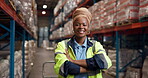 Shipping, face or woman with arms crossed in warehouse for logistics, quality control or about us. Distribution manager, black person and happy for storage management, export service and supply chain