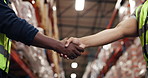 Warehouse, people and handshake for distribution deal, shipping partnership or agreement. Logistics, shaking hands and collaboration with supply chain workers for teamwork, thank you and bokeh