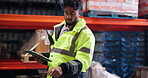Inventory, logistics and tablet with man in plant for delivery, distribution or shipping manifest. App, checklist and stock with person in supply chain depot for planning or storage management