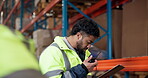 Radio, clipboard and logistics with man in warehouse for inventory management, shipping or communication. Speaker, checklist and quality control with person in factory for ecommerce and supervisor