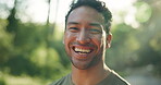 Face, hiking and happy man outdoor with travel adventure, tourist exploration and start workout. Bokeh, active person or smile in nature with holiday wellness activity, fitness or ready for exercise.