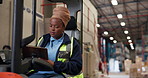 Warehouse, clipboard and black woman on forklift for logistics, inspection and stock schedule. Storage depot, thinking and person on machine with paperwork for shipping, supply chain and distribution