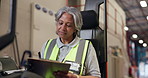 Clipboard, logistics and mature woman on forklift in warehouse for delivery with supply chain. Industry, ecommerce and female cargo manager with distribution information on lift truck in factory.