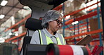 Warehouse, clipboard and woman on forklift for logistics, inspection and stock schedule. Storage depot, manager and mature person on machine with paperwork for shipping, supply chain and distribution