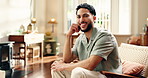 Happy, man and relax with face at house for peace, calm morning and positive attitude. Portrait, male person and smile on sofa for weekend off, comfortable and satisfied for cozy break in living room