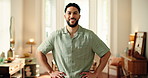 Happy, confident and face of man in home with positive attitude for relax, calm or peace on weekend. Smile, pride and portrait of male person in living room chilling with break in apartment in Mexico