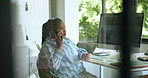 Black woman, listen and phone call with computer at house for planning, contact editor and feedback. Person, remote work and mobile to question source, facts check and discussion on story publication