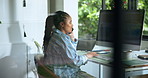 African woman, phone call and computer at house for planning, contact editor and feedback. Person, remote work and mobile to question source, facts check and proofreading news for story publication