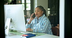 Black woman, talk and phone call with computer in home for planning, contact editor and feedback. Person, remote work and mobile to question source, confirm facts and discussion for story publication