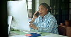 Black woman, talk and phone call with computer at house for planning, contact editor and feedback. Person, remote work and mobile to question source, facts check and discussion for story publication