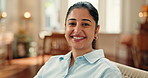 Face, woman and couch with smile at house for peace, calm morning and positive attitude. Portrait, female person and happy for weekend off, comfortable and satisfaction for cozy break in living room