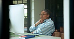 Remote work from home, computer and black woman with decision, planning and email for article. African person, copywriting and freelancer with pc, solution and research for news report and choice