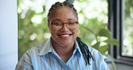 Happy, black woman and face with glasses in office for journalism, online publish or service. Portrait, female person or journalist with smile for company story, career or creative business startup