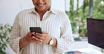 Happy woman, hands and typing with phone in office for business communication or social media. Female person, employee or user texting with smile on mobile smartphone for online chatting or app